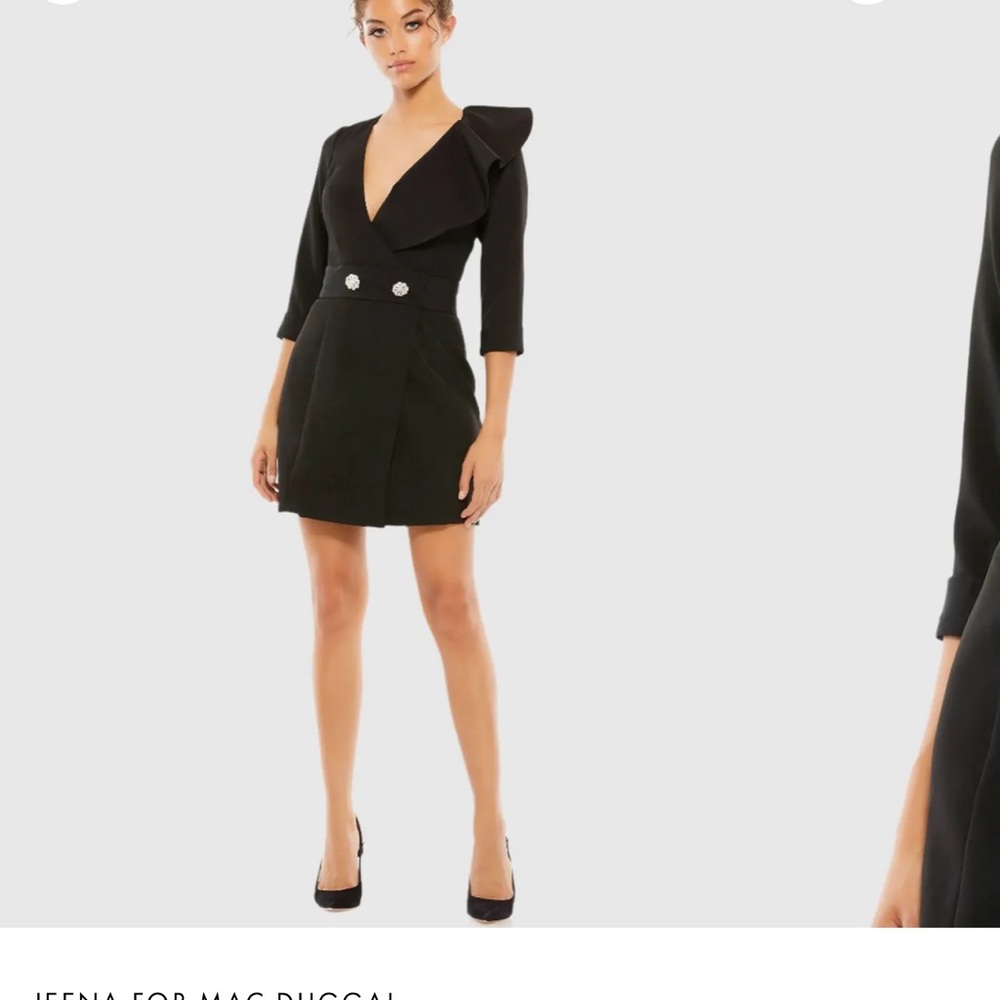 NWT - Black Ruffled Faux Tuxedo Mini Dress - Mac Duggal Sz 14 - 55692